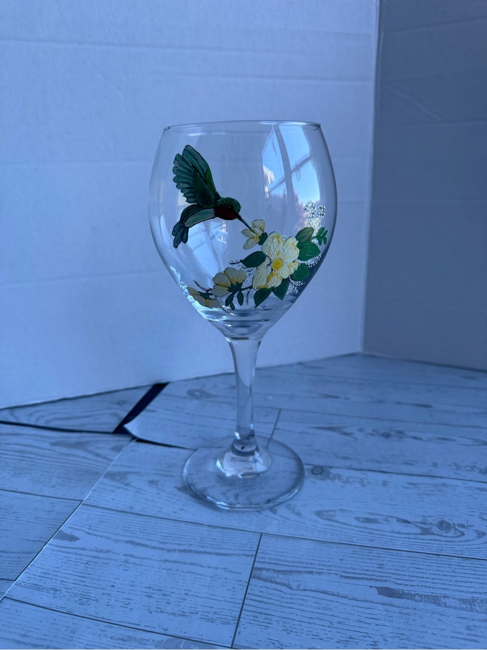 Hand-Painted Hummingbird Wine Glass with Yellow Floral Design
